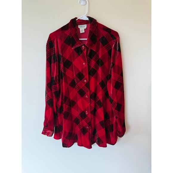 Coldwater Creek Shirt Women XL Red Black Plaid Velvet Tunic Rayon Silk Button Up - Picture 1 of 8